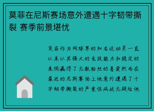 莫菲在尼斯赛场意外遭遇十字韧带撕裂 赛季前景堪忧