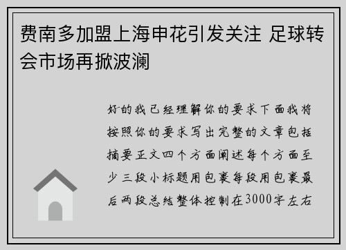 费南多加盟上海申花引发关注 足球转会市场再掀波澜